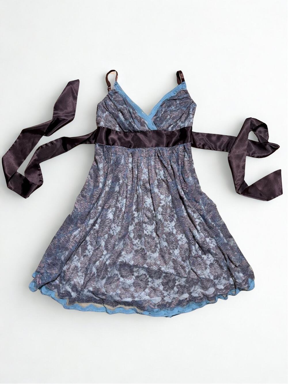 Vtg Y2K Pookie & Sebastian Turquoise Tieback Babydoll Dress Brown Lace Overlay